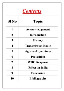 Contents 
Sl No 
Topic 
1 
Acknowledgement 
2 
Introduction 
3 
History 
4 
Transmission Route 
5 
Signs and Symptoms 
6 
Pre