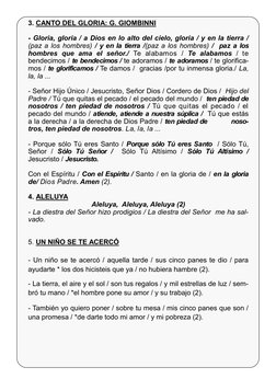 3. CANTO DEL GLORIA: G. GIOMBINNI 
 
- Gloria, gloria / a Dios en lo alto del cielo, gloria / y en la tierra / 
(paz a los ho