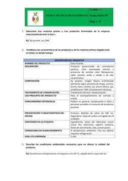 FICHAS TÉCNICAS DE MATERIALES 
Versión : 1 
Fecha; 04/10 /19 
Hoja 1 : 8 
 
 
 
1. Seleccione tres materias primas