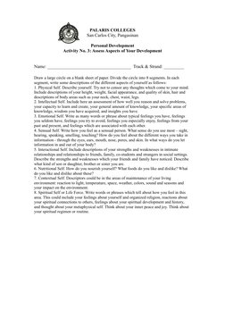 PALARIS COLLEGES
San Carlos City, Pangasinan
Personal Development
Activity No. 3: Assess Aspects of Your Development
Name: __