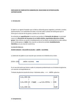 DERIVADOS DE COMPUESTOS CARBOXÍLICOS: REACCIONES DE ESTERIFICACIÓN- 
SAPONIFICACIÓN 
 
 
1. Introducción 
 
 
El Jabón es un