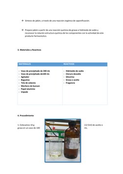  Síntesis de jabón, a través de una reacción orgánica de saponificación. 
 
 Prepara jabón a partir de una reacción quími