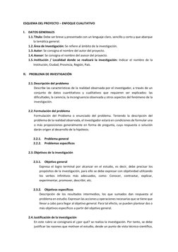 ESQUEMA DEL PROYECTO – ENFOQUE CUALITATIVO 
 
I. DATOS GENERALES 
1.1. Título: Debe ser breve y presentado con un lenguaje cl