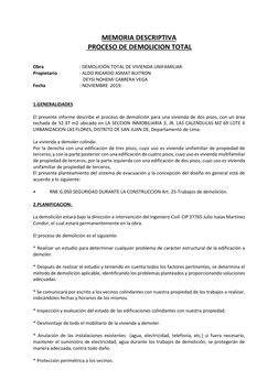 MEMORIA DESCRIPTIVA 
 PROCESO DE DEMOLICION TOTAL 
 
 
Obra  
: DEMOLICIÓN TOTAL DE VIVIENDA UNIFAMILIAR. 
Propietario  
: AL