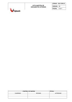 D
LISTA MAESTRA DE 
DOCUMENTOS INTERNOS
CÓDIGO:  SGC-FOR-03
VERSION:   01
PÁGINA:    4 de 4
CONTROL DE EMISION
FECHA:
ELABORA