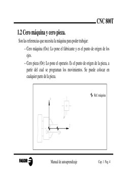 Manual de autoaprendizaje
Cap. 1  Pag. 4
CNC 800T
1.2 Cero máquina y cero pieza.
Son las referencias que necesita la máquina