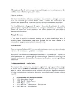 A formação das ilhas de calor ocorre por impermeabilização do solo, muito cimento, vidro 
e asfalto, pouca cobertura vegetal,