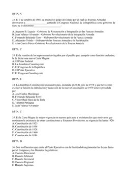 RPTA: A
32. El 3 de octubre de 1968, se produjo el golpe de Estado por el cual las Fuerzas Armadas 
derrocaron a_____________