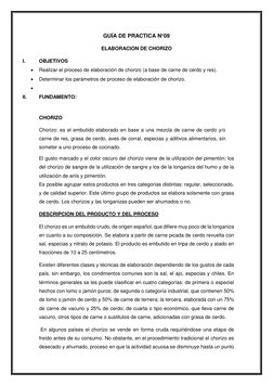 GUÍA DE PRACTICA N°09 
ELABORACION DE CHORIZO 
I. 
OBJETIVOS 
 
Realizar el proceso de elaboración de chorizo (a base de car