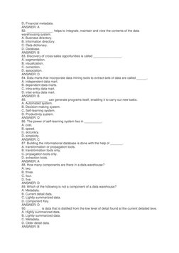 Data Warehouse MCQs and Answers PDF | PDF | Data Warehouse | Metadata