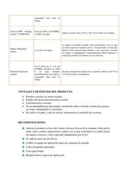 asperjando bien todo el 
follaje. 
Cítricos TIPO "Naranja, 
Limon" Y TORONJA 
Dosis de 200 cc de ETHREL 
en 200 L de agua. 
A