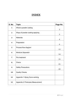 2 | P a g e  
 
 
INDEX 
 
S. No. 
Topic 
Page No. 
1 
What is powder coating 
3 
2 
Ways of powder coating applying 
3 
3 
M