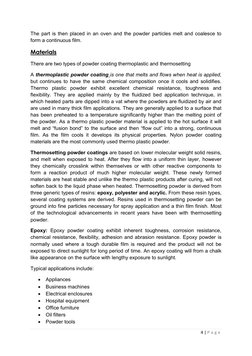 4 | P a g e  
 
The part is then placed in an oven and the powder particles melt and coalesce to 
form a continuous film. 
Ma