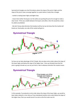 Symmetrical triangles are chart formations where the slope of the price’s highs and the 
slope of the price’s lows converge t