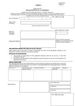 FORM 1 
Application for
REGISTRATION OF A COMPANY
Section 4(1) of Companies Act No. 7 of 2007 (“the Act”)
[ Please note that