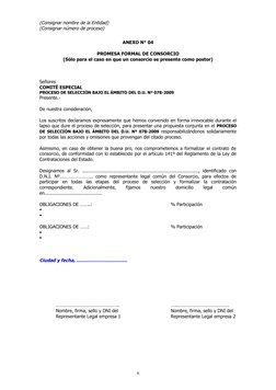 (Consignar nombre de la Entidad)
(Consignar número de proceso)
ANEXO N° 04
PROMESA FORMAL DE CONSORCIO
(Sólo para el caso en