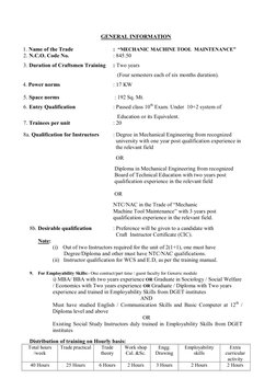 GENERAL INFORMATION 
 
1. Name of the Trade   
 
:  “MECHANIC MACHINE TOOL  MAINTENANCE” 
2. N.C.O. Code No.   
 
: 845.50 
3