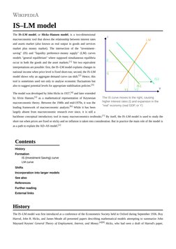(https://en.wikipedia.org/wiki/File:Islm.svg)IS–LM model
The IS–LM model, or Hicks–Hansen model, is a two-dimensional
macroe