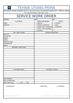 TEHNIK UTAMA PRIMA
PERUMAHAN TAMAN ALAMANDA BLOK C 2 NO 44 RT 04/013 KELURAHAN KARANGSTRIA - TAMBUN - BEKASI
TLP : 0812 9410