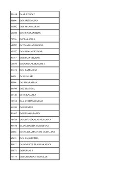 A0314
Dr.ARJUNAN P
S1606
Dr.N SRINIVASAN
M1592
Dr.B. MANIMARAN
V0224
Dr.M R VASANTHAN
P1526
Dr.PRAKASH A.
M0203
Dr.T MADHANAG