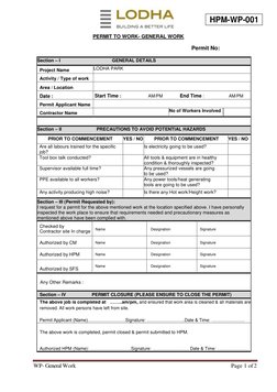 WP- General Work 
Page 1 of 2 
HPM-WP-001 
        
 
PERMIT TO WORK- GENERAL WORK