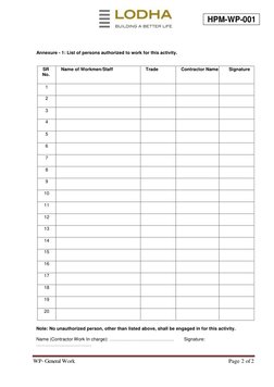 WP- General Work 
Page 2 of 2 
HPM-WP-001 
        
 
 
 
Annexure - 1: List of persons authorized to work for this activity.