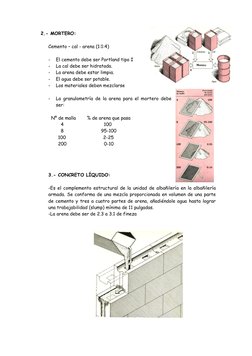 2.- MORTERO:
Cemento – cal - arena (1:1:4)
-
El cemento debe ser Portland tipo I
-
La cal debe ser hidratada.
-
La arena debe
