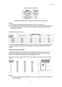 XL-2T 
5 
Tabla de consumos auxiliares: 
 
Modelo 
Cosumo 
XL4600SM Teclado 
30mA (1) 
6615 Teclado 
60mA (1) 
XK-7LC Teclado
