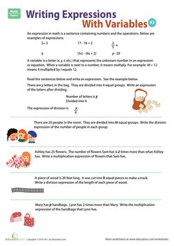 More worksheets at www.education.com/worksheets
Copyright © 2010-2011 by Education.com
Math
Algebra Writing Expressions
With