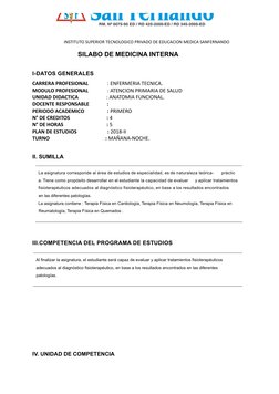 INSTITUTO SUPERIOR TECNOLOGICO PRIVADO DE EDUCACION MEDICA SANFERNANDO
                  SILABO DE MEDICINA I