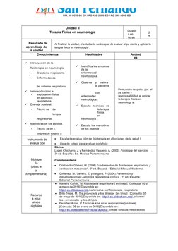 Unidad II
Terapia Física en neumología
Duració
n en 
horas
2
4
Resultado de
aprendizaje de
la unidad
Al final