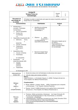 Unidad III
Terapia Física en
reumatología
Duració
n en 
horas
2
4
Resultado de
aprendizaje de
la unidad
Al fi