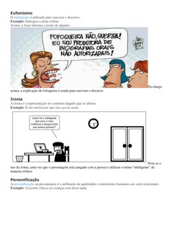 Eufemismo 
O eufemismo é utilizado para suavizar o discurso. 
Exemplo: Entregou a alma a Deus. 
Acima, a frase informa a mort