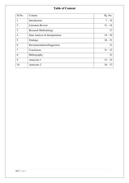 1 | P a g e  
 
Table of Content 
Sl.No. 
Content 
Pg. No. 
1 
Introduction 
7 – 10 
2 
Literature Review 
11 – 16 
3 
Resear