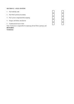 1.    Fuel tank/day tank
2.    Fuel filters-primary/secondary
3.    Fuel system components/hoses/piping
4.    Gauges and Safe