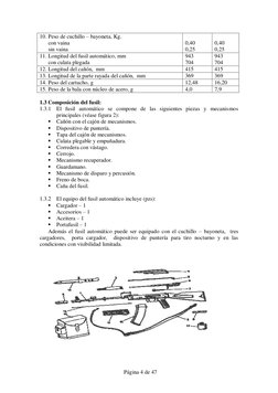 Página 4 de 47 
10. Peso de cuchillo – bayoneta, Kg. 
      con vaina 
      sin vaina 
 
0,40 
0,25 
 
0,40 
0,25 
11. Lo