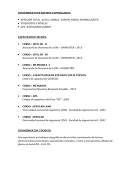 CONOCIMIENTO DE EQUIPOS TOPOGRAFICOS
ESTACIÓN TOTAL : LEICA , SOKKIA , TOPCON, NIKON, TRIMBLE,SOUTH
TEODOLITOS Y NIVELES
G
