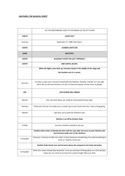 HEATHERS: THE MUSICAL SCRIPT 
 
 
 
SET THE WESTERBURG LOGO AT THE MIDDLE OF THE 2ND FLOOR 
LIGHTS 
LIGHTS OUT 
Veronica 
Sep