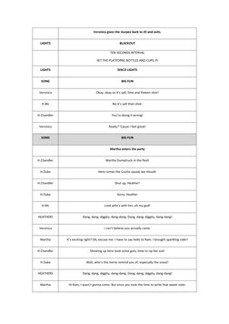 Veronica gives the slurpee back to JD and exits. 
LIGHTS 
BLACKOUT 
 
TEN SECONDS INTERVAL 
SET THE PLATFORM, BOTTLES AND C