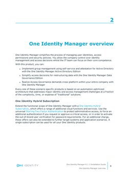 2
One Identity Manager overview
One Identity Manager simplifies the process of managing user identities, access
permissions a