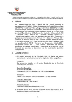 APRECIACIÓN DE SITUACIÓN DE LA COMISARIA PNP LA PERLA-CALLAO
I.
MISIÓN
La  Comisaria  PNP  La  Perla,  a  través  de  sus  Of