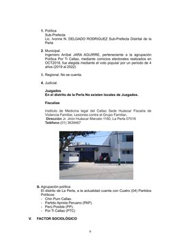 1. Política
Sub-Prefecta
Lic. Ivonne N. DELGADO RODRIGUEZ Sub-Prefecta Distrital de la
Perla    
2. Municipal.
Ingeniero  Aní