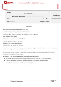 FICHA DE AVALIAÇÃO 6 – GEOGRAFIA A – 10.º ano
VERSÃO 1
ESCOLA _______________________________________________________________