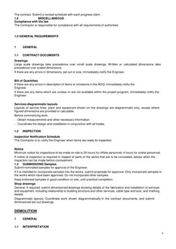 4 
 
The contract. Submit a revised schedule with each progress claim. 
1.6 
 
 
 
 
MISCELLANEOUS 
Compliance with the law