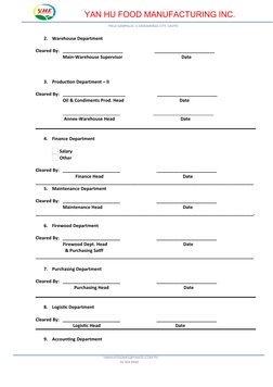YAN HU FOOD MANUFACTURING INC.
PIELA SAMPALOC 3 DASMARIÑAS CITY, CAVITE
2.
Warehouse Department
Cleared By:   _______________