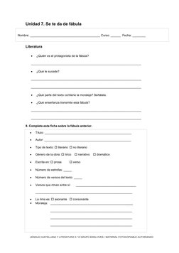Unidad 7. Se te da de fábula
Literatura

¿Quién es el protagonista de la fábula?
___________________________________________