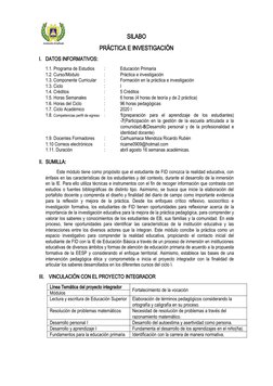 SILABO
PRÁCTICA E INVESTIGACIÓN
I. DATOS INFORMATIVOS:
1.1. Programa de Estudios
:
Educación Primaria     
1.2. Curso/Módulo