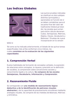 Los Índices Globales
Las quince pruebas indicadas 
se clasifican en dos subtipos 
distintos (principales y 
opcionales) en fu