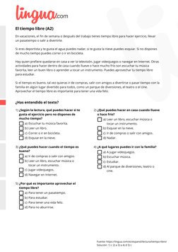 (https://lingua.com/)El tiempo libre (A2)
En vacaciones, el fin de semana o después del trabajo tienes tiempo libre para hac