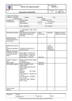 Company Name:
Mecha Ton Engineering Plc
Document No:
         OF/MT /….
Title: 
Inspection Checklist
Issue No.
1
Page No.
P